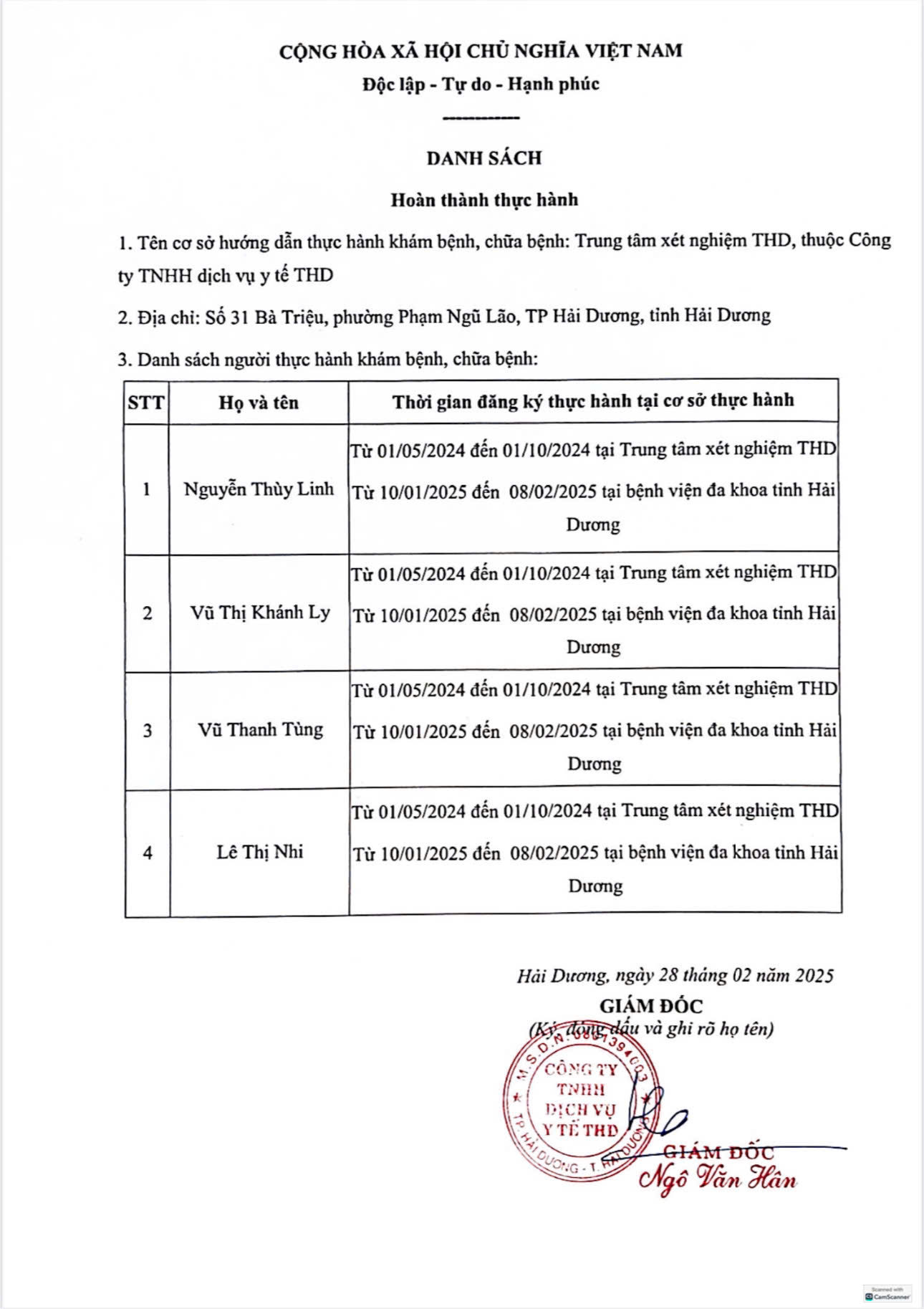 Công bố danh sách người hoàn thành thực hành khám bệnh, chữa bệnh tại Trung tâm xét nghiệm THD