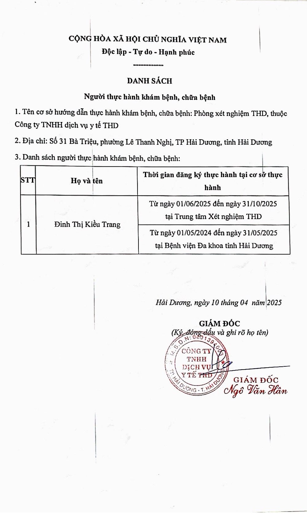 Công bố danh sách người thực hành khám bệnh, chữa bệnh tại Trung tâm xét nghiệm THD tháng 06/2025